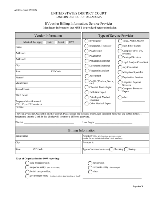 Form AO213A Evoucher Billing Information: Service Provider - Oklahoma