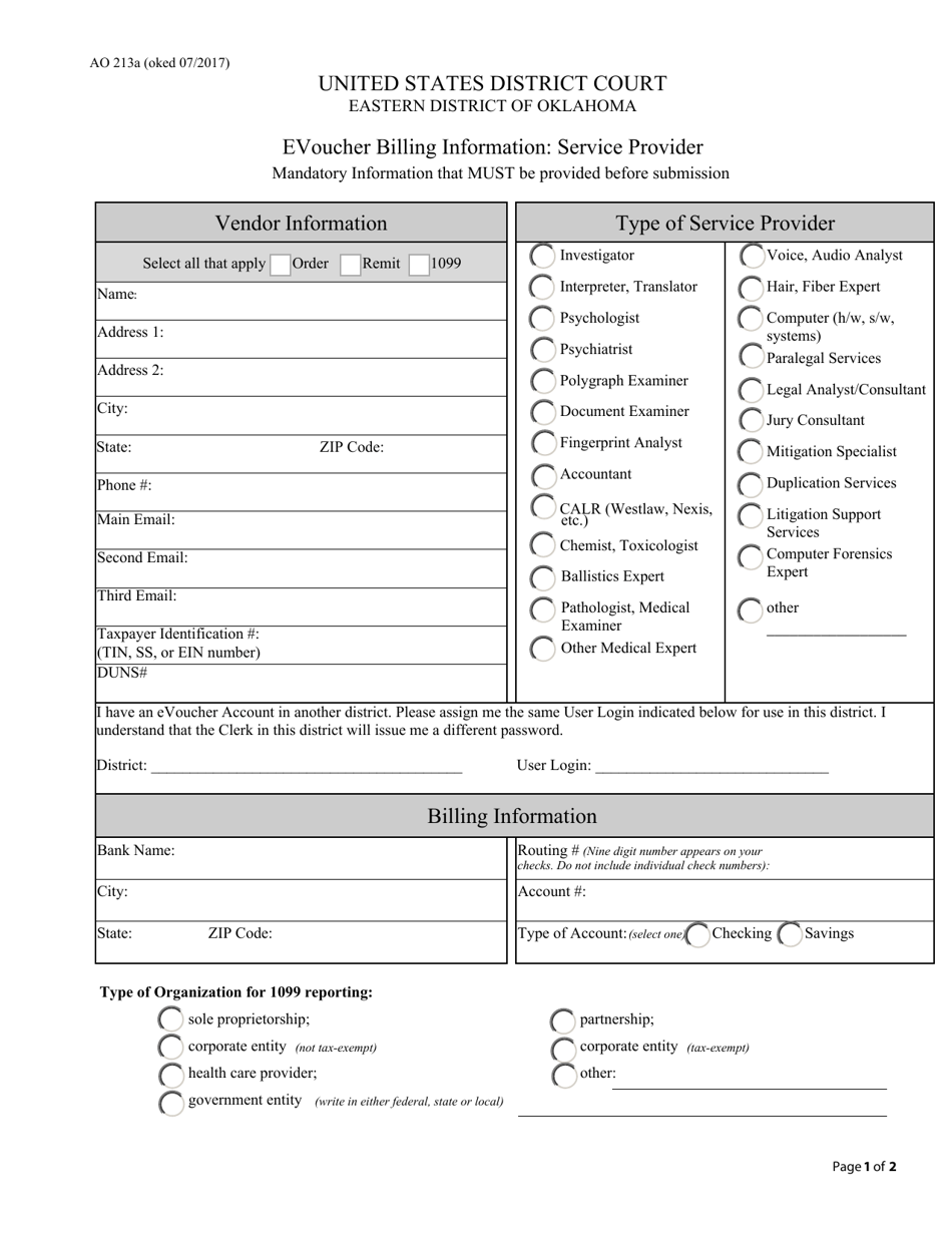 Form AO213A Evoucher Billing Information: Service Provider - Oklahoma, Page 1