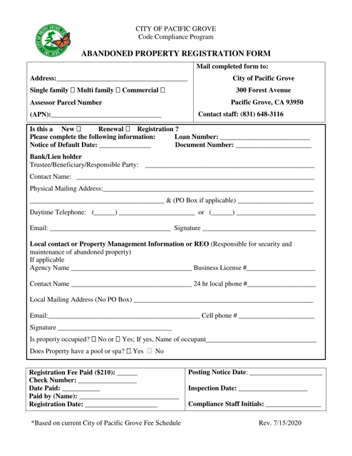 Abandoned Property Registration Form - City of Pacific Grove, California Download Pdf
