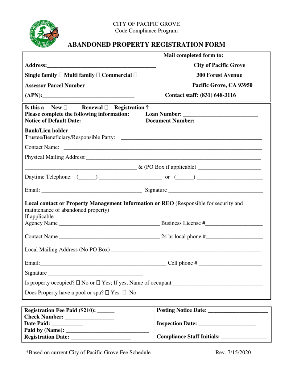 Abandoned Property Registration Form - City of Pacific Grove, California, Page 1