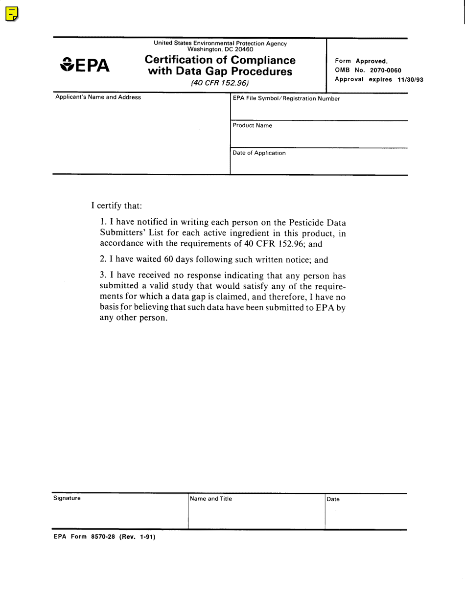EPA Form 8570-28 Certification of Compliance With Data Gap Procedures, Page 1