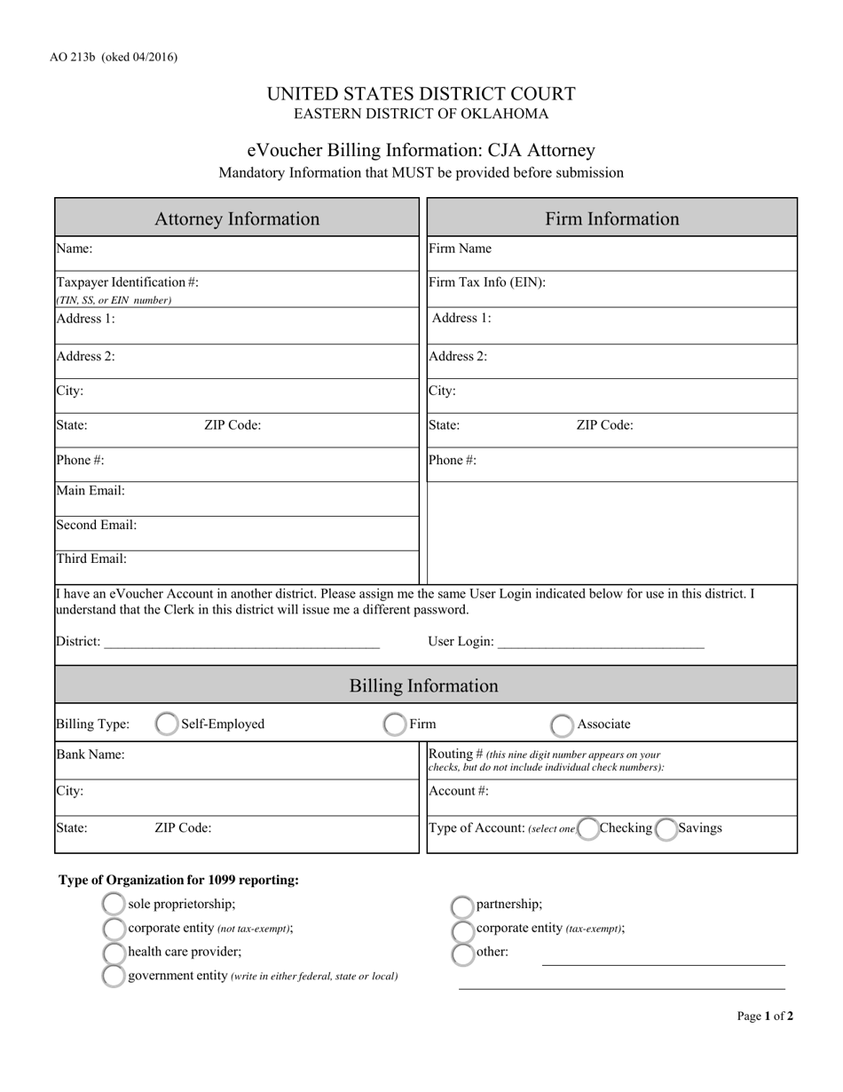 Form AO213B Evoucher Billing Information: Cja Attorney - Oklahoma, Page 1