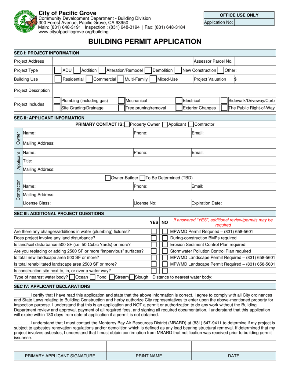 Building Permit Application - City of Pacific Grove, California, Page 1