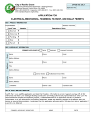 Document preview: Application for Electrical, Mechanical, Plumbing, Re-roof, and Solar Permits - City of Pacific Grove, California