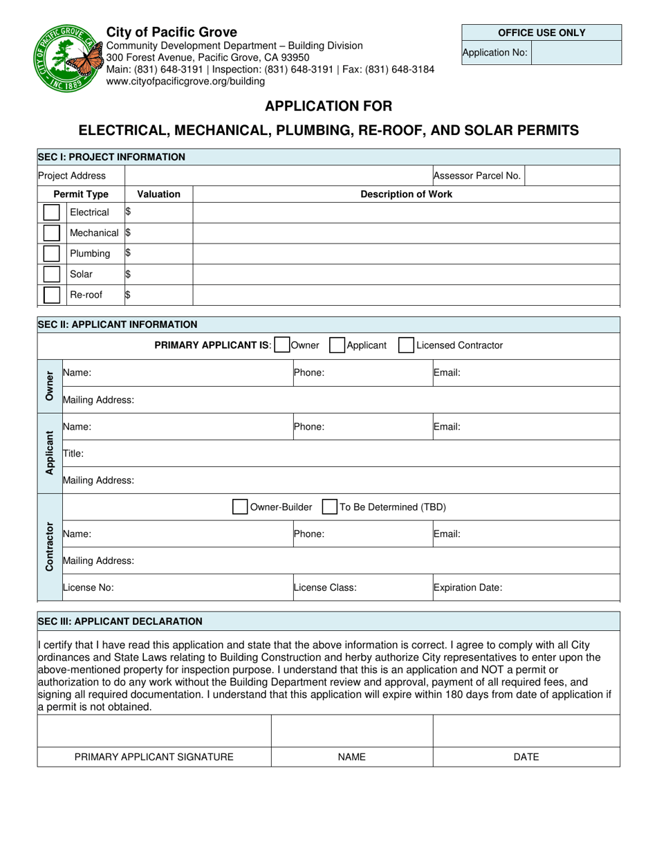 Application for Electrical, Mechanical, Plumbing, Re-roof, and Solar Permits - City of Pacific Grove, California, Page 1