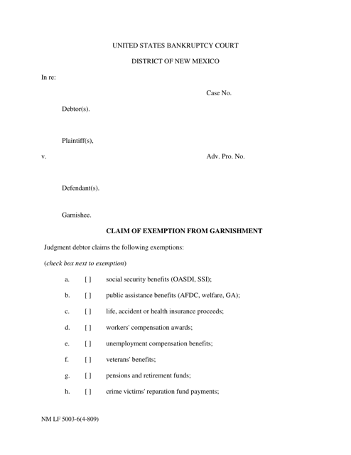 Form NM LF5003-6(4-809) Claim of Exemption From Garnishment - New Mexico