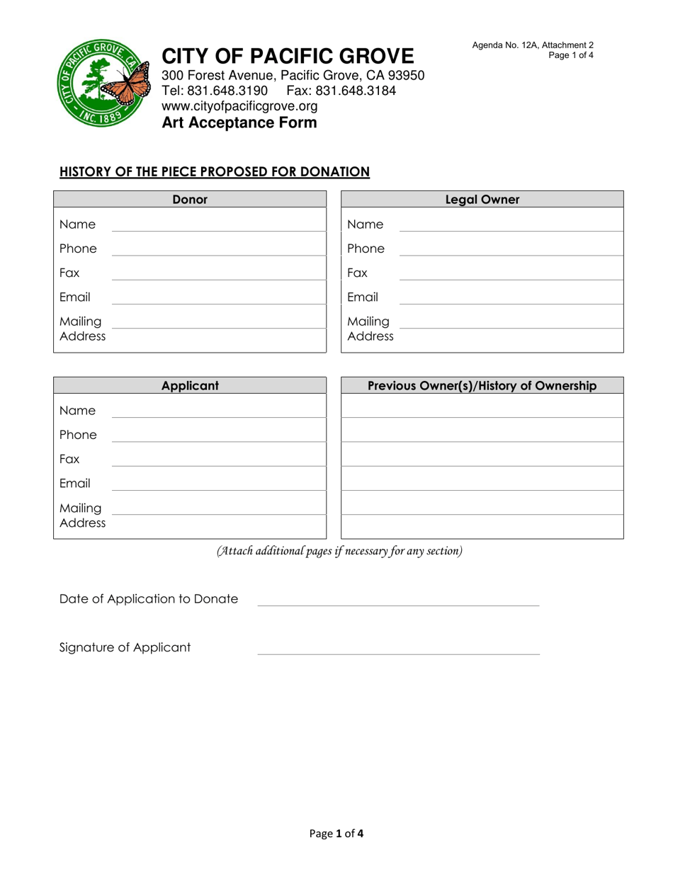 Attachment 2 Art Acceptance Form - City of Pacific Grove, California, Page 1