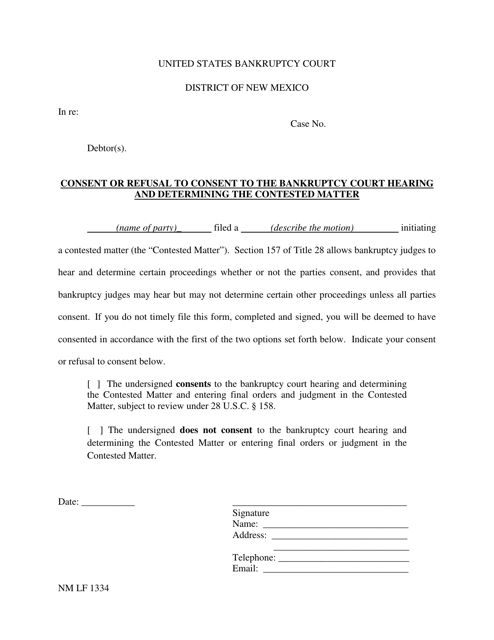 Form NM LF1334 Consent or Refusal to Consent to the Bankruptcy Court Hearing and Determining the Contested Matter - New Mexico