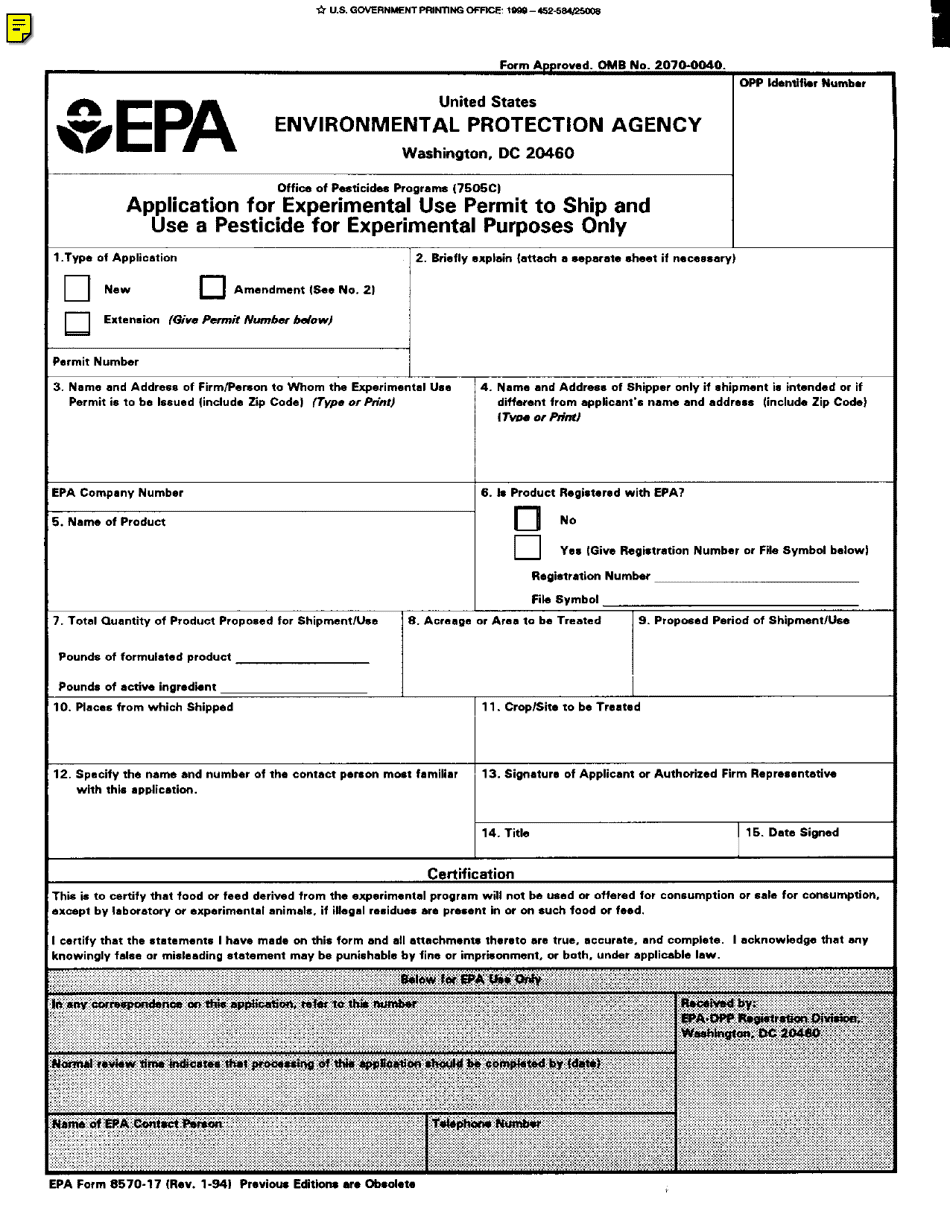 EPA Form 8570-17 Application for an Experimental Use Permit to Ship and Use a Pesticide for Experimental Purposes Only, Page 1