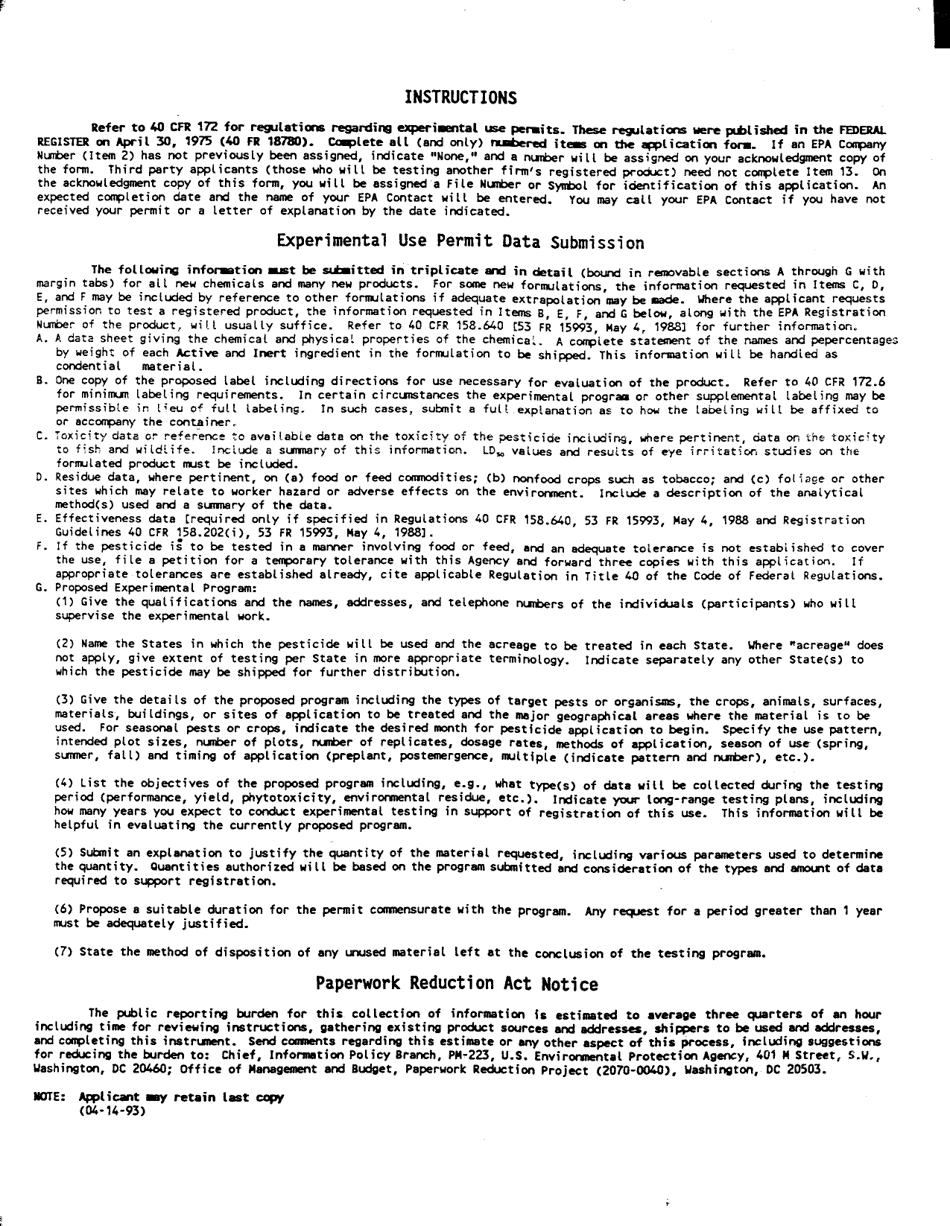 EPA Form 8570-17 Application for an Experimental Use Permit to Ship and Use a Pesticide for Experimental Purposes Only, Page 2