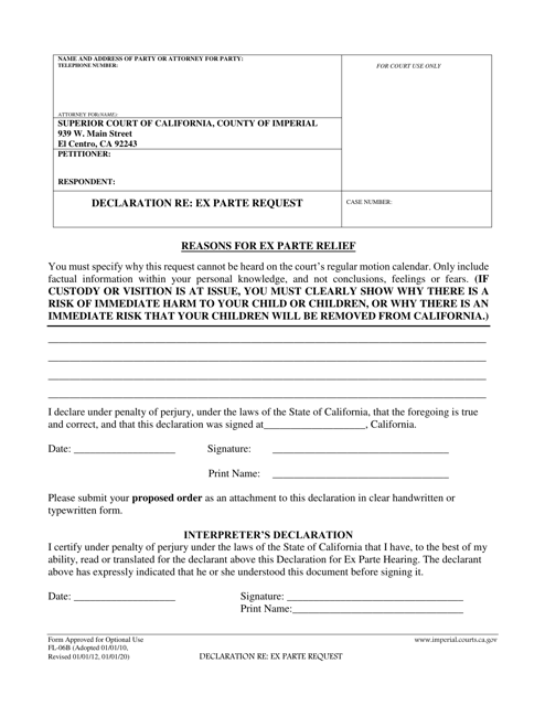 Form FL-06B Declaration Re: Ex Parte Request - Imperial County, California