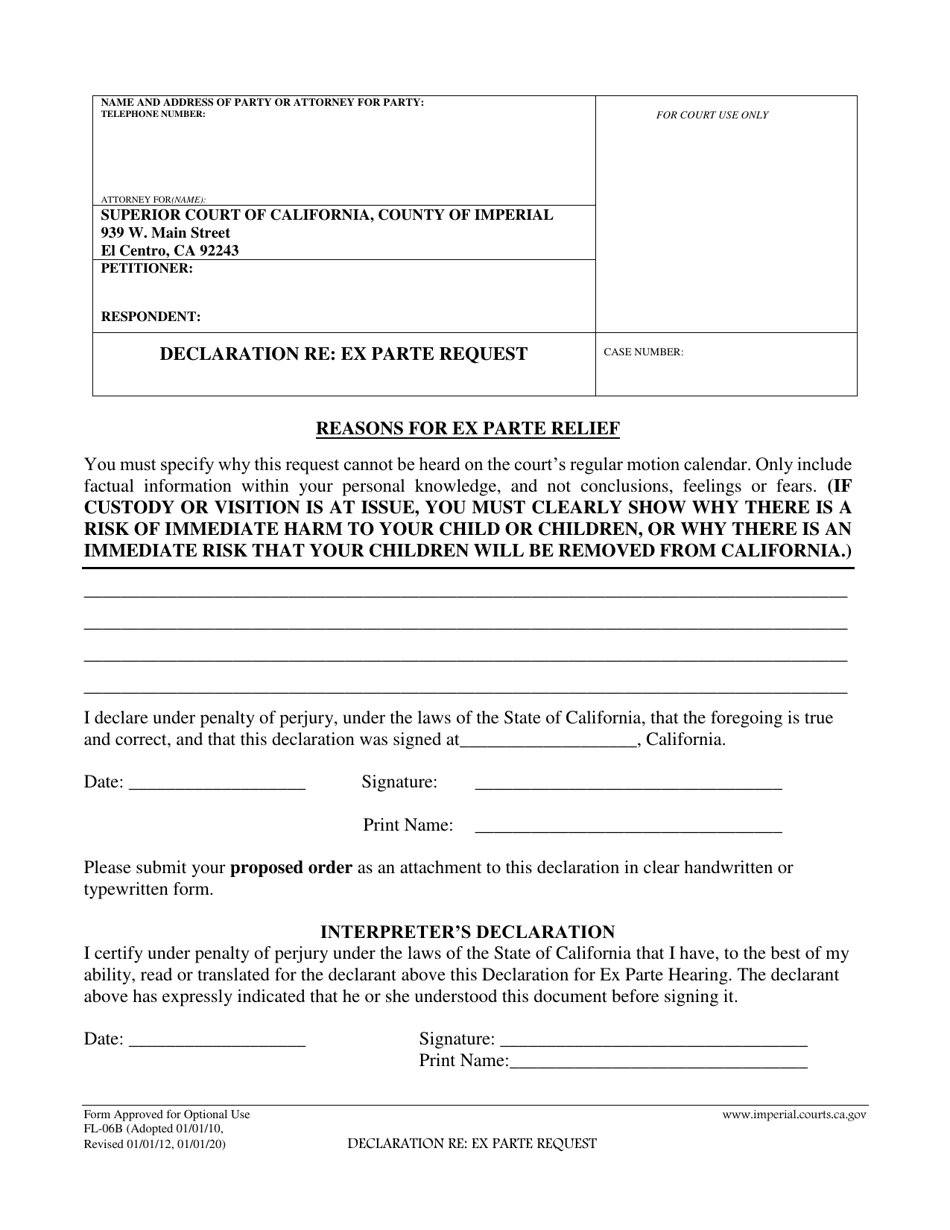 Form FL-06B Declaration Re: Ex Parte Request - Imperial County, California, Page 1