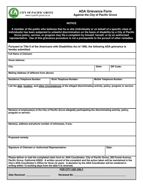Ada Grievance Form - City of Pacific Grove, California Download Pdf