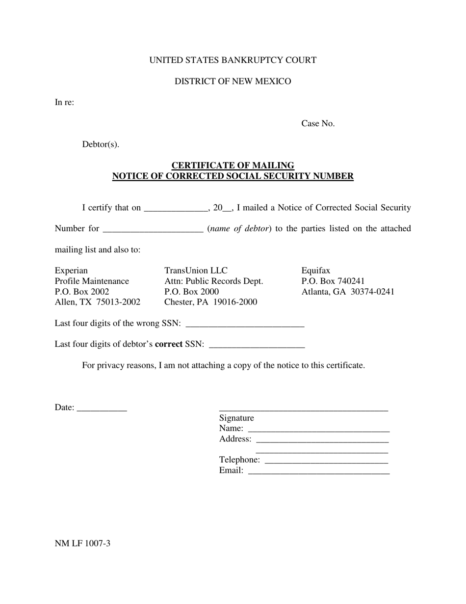 Form NM LF1007-3 Certificate of Mailing Notice of Corrected Social Security Number - New Mexico, Page 1