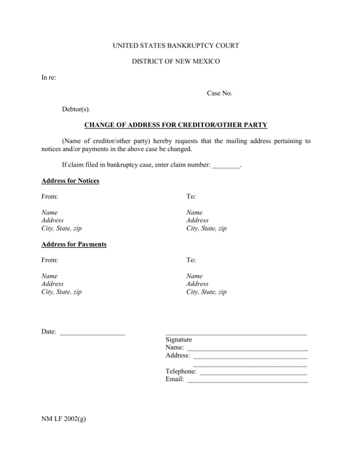 Form NM LF2002(G) Change of Address for Creditor/Other Party - New Mexico