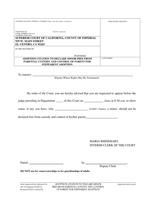 Form AD-04 Adoption Citation to Declare Minor Free From Parental Custody and Control of Parent for Stepparent Adoption - Imperial County, California