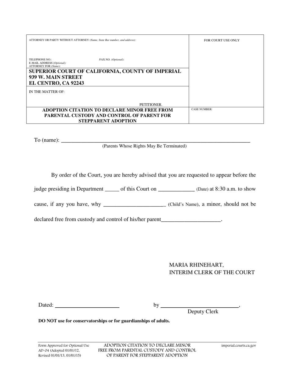 Form AD-04 Adoption Citation to Declare Minor Free From Parental Custody and Control of Parent for Stepparent Adoption - Imperial County, California, Page 1