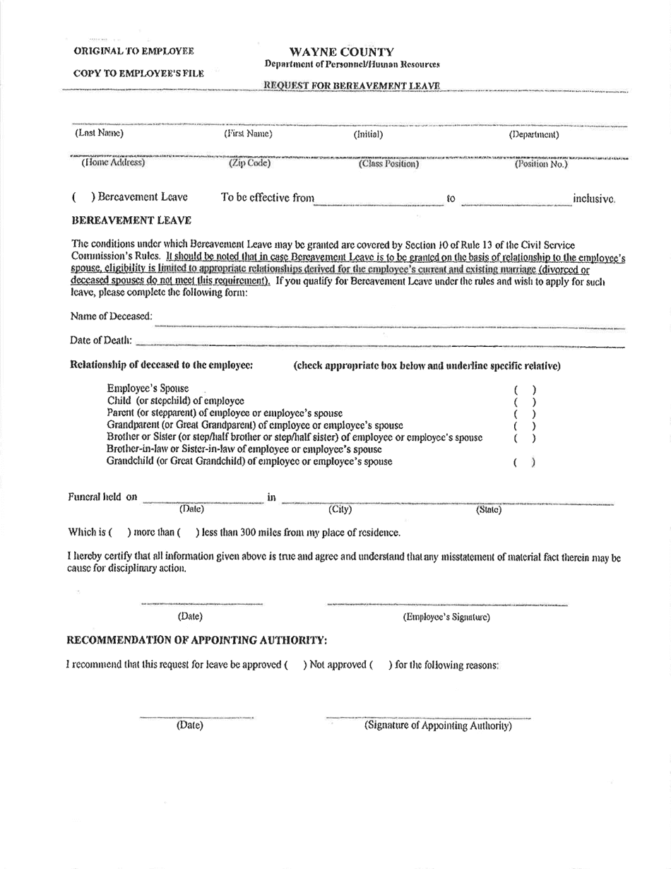 Request for Bereavement Leave - Wayne County, Michigan, Page 1