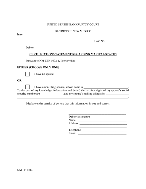 Form NM LF1002-1 Certification/Statement Regarding Marital Status - New Mexico