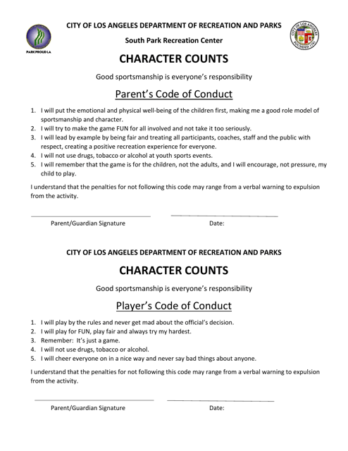 Character Counts - South Park Recreation Center - City of Los Angeles, California (English / Spanish) Download Pdf