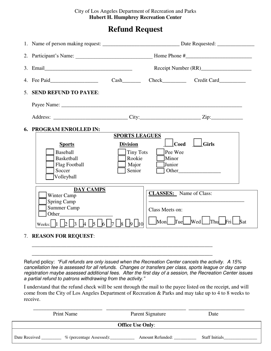 Refund Request - Hubert H. Humphrey Recreation Center - City of Los Angeles, California, Page 1