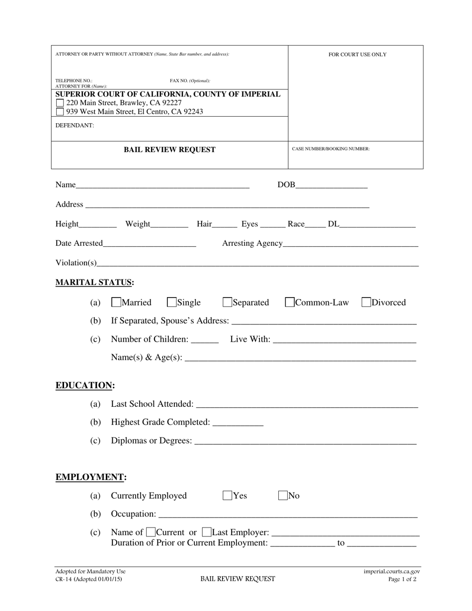 Form CR-14 Bail Review Request - Imperial County, California, Page 1