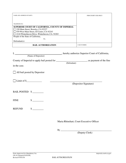 Form CR-04 Bail Authorization - Imperial County, California