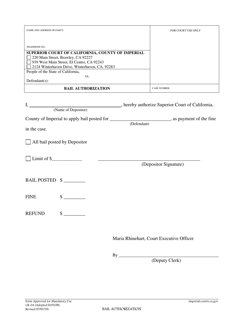 Form CR-04 Bail Authorization - Imperial County, California, Page 1