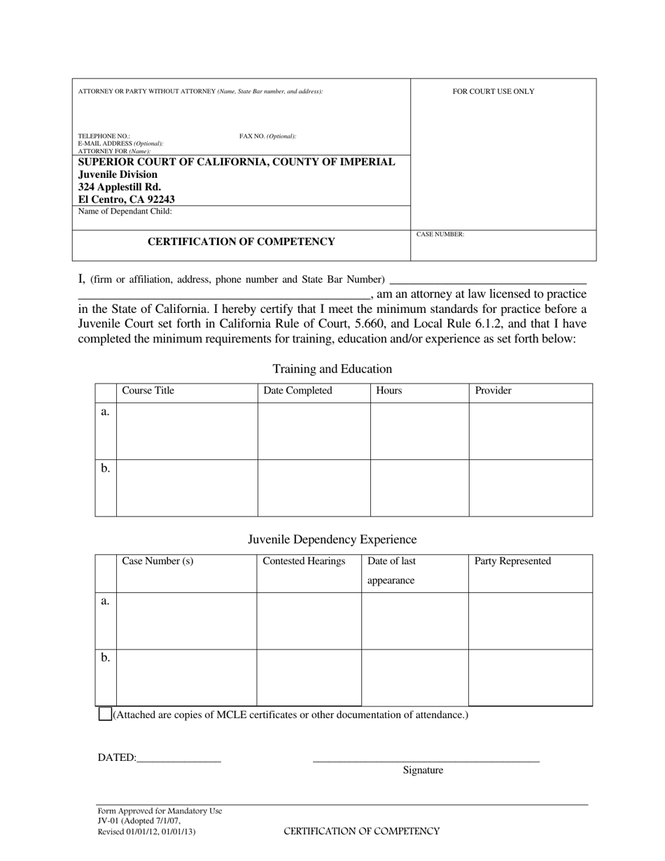 Form JV-01 Certification of Competency - Imperial County, California, Page 1