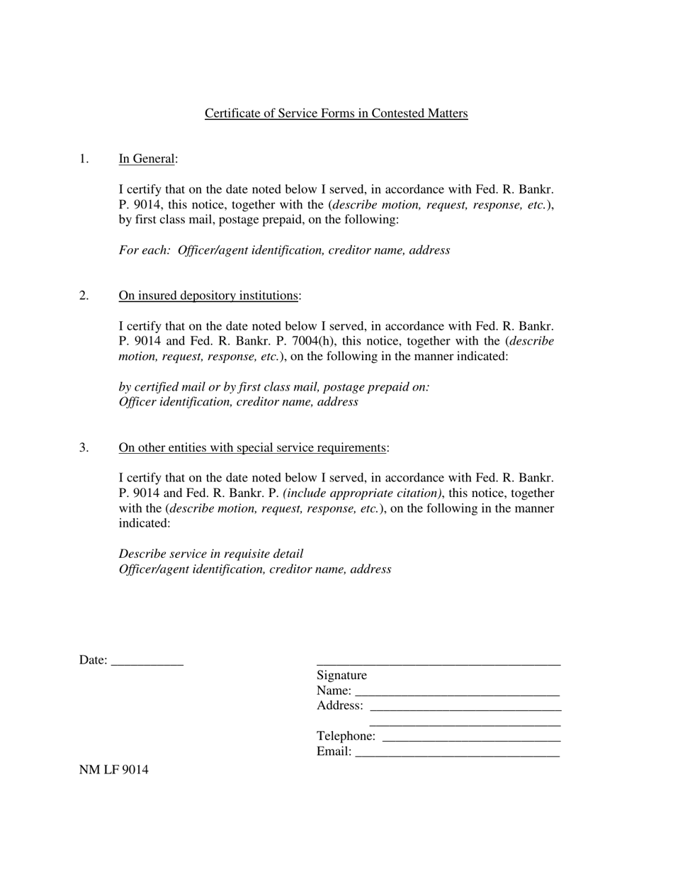 Form NM LF9014 Certificate of Service Forms in Contested Matters - New Mexico, Page 1