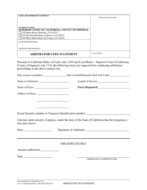 Form CV-01 Arbitrator's Fee Statement - Imperial County, California
