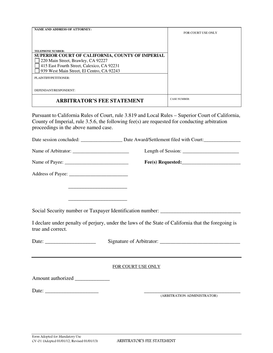 Form CV-01 Arbitrators Fee Statement - Imperial County, California, Page 1