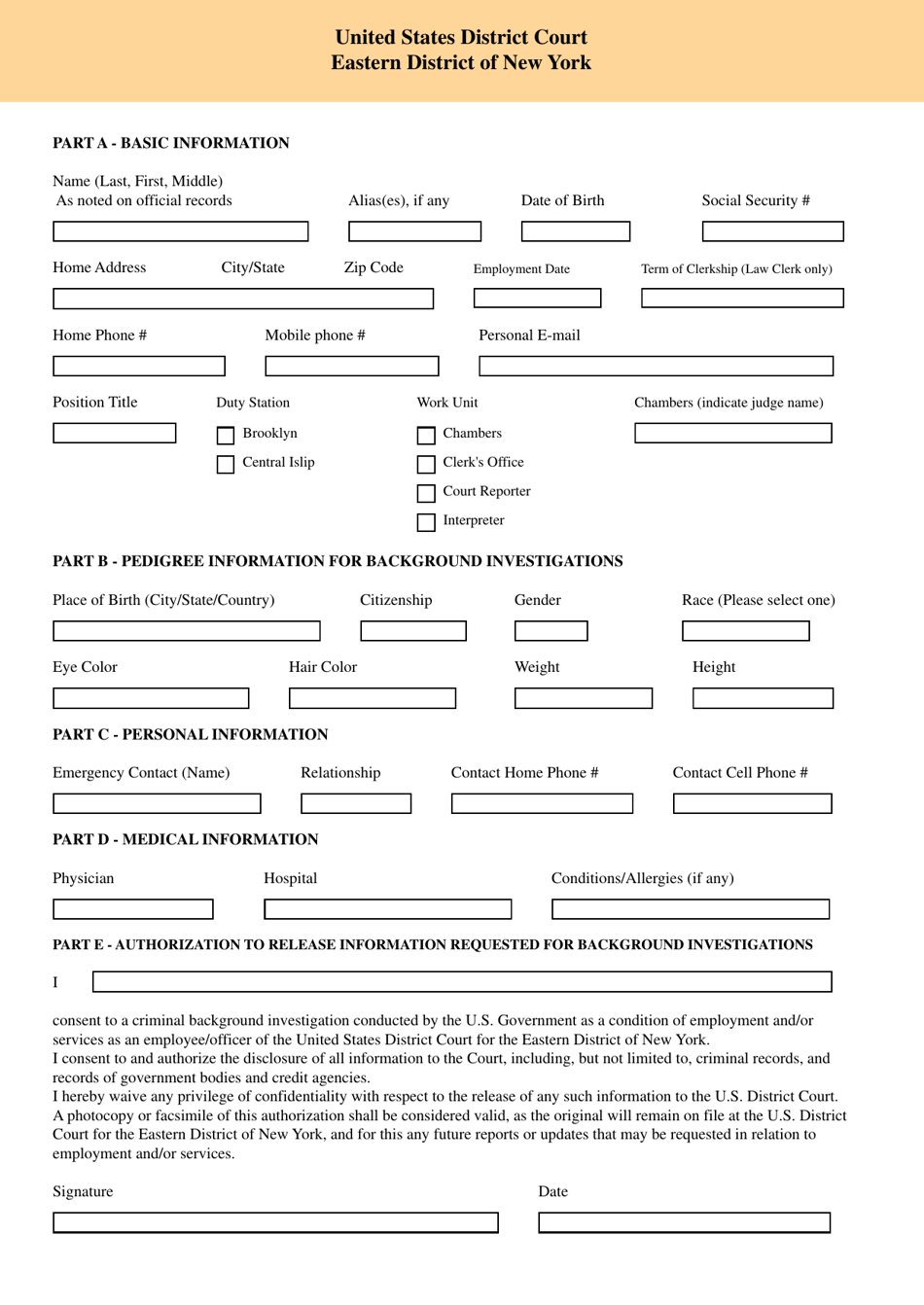Background Information and Authorization Form - New York, Page 1