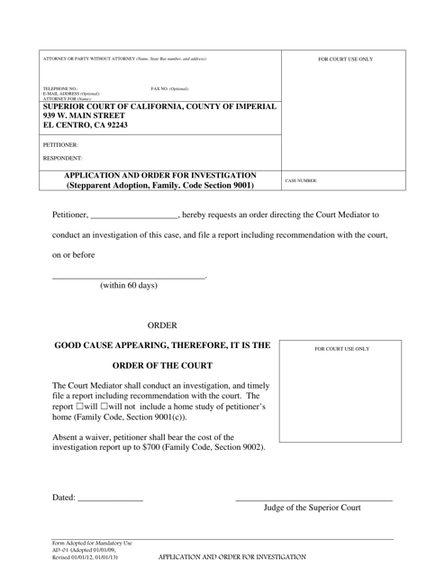 Form AD-01 Application and Order for Investigation - Imperial County, California