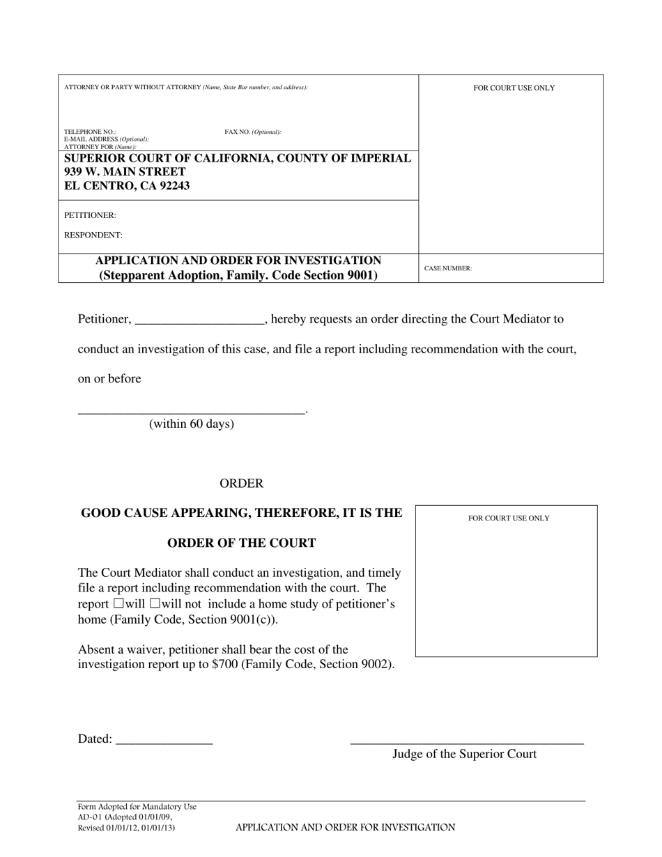 Form AD-01 Application and Order for Investigation - Imperial County, California, Page 1