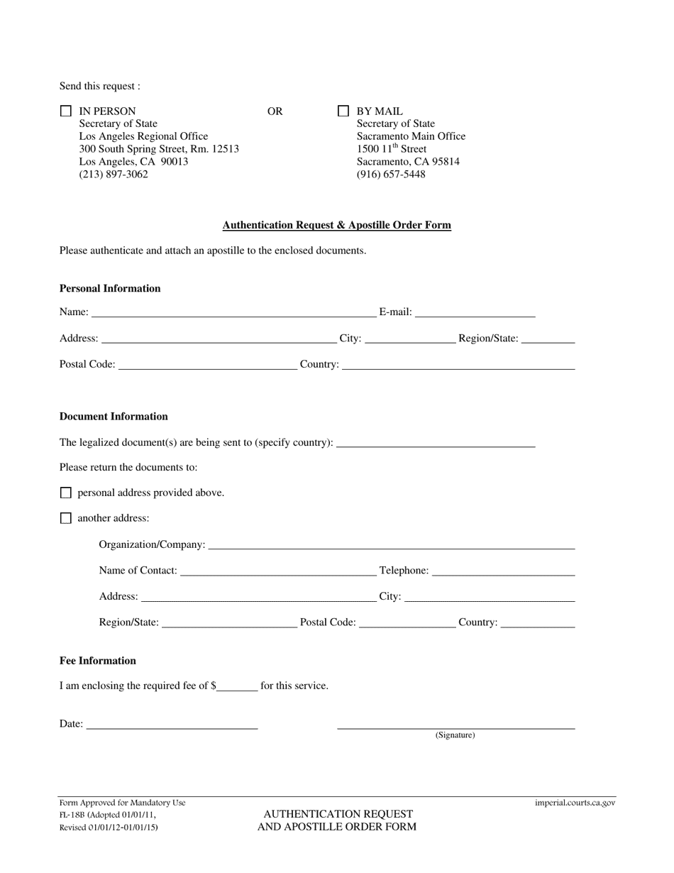 Form FL-18B Authentication Request  Apostille Order Form - Imperial County, California, Page 1
