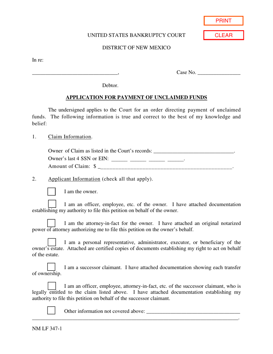 Form NM LF347-1 Application for Payment of Unclaimed Funds - New Mexico, Page 1