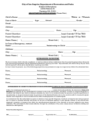 Document preview: After School Registration Form and Waiver - Hubert H. Humphrey Recreation Center - City of Los Angeles, California