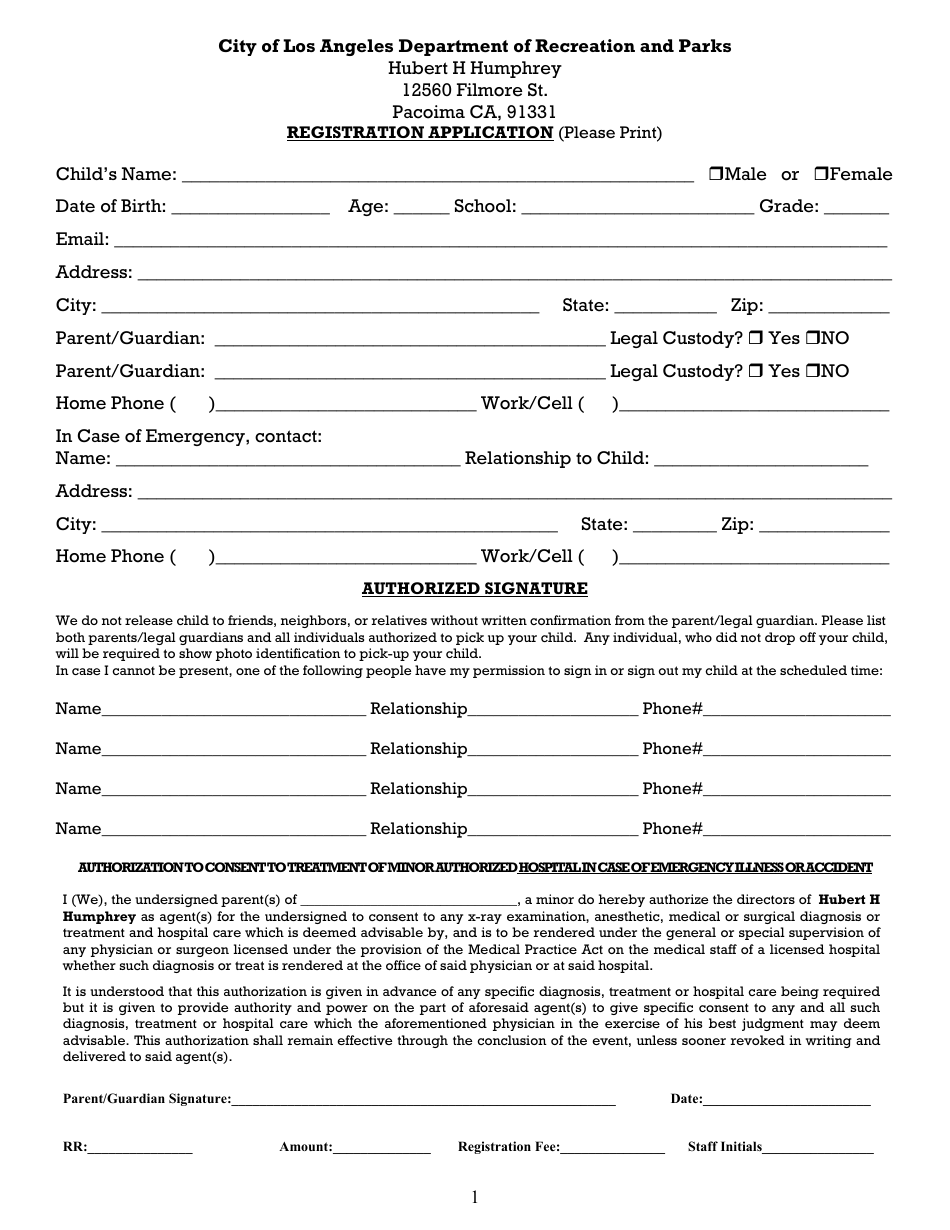 After School Registration Form and Waiver - Hubert H. Humphrey Recreation Center - City of Los Angeles, California, Page 1