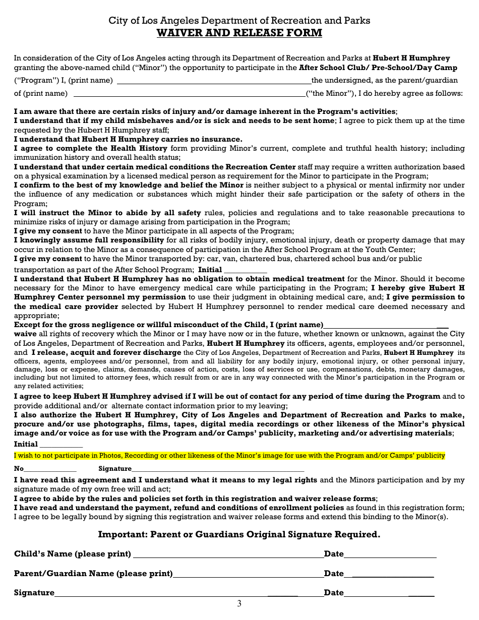 After School Registration Form and Waiver - Hubert H. Humphrey Recreation Center - City of Los Angeles, California, Page 3