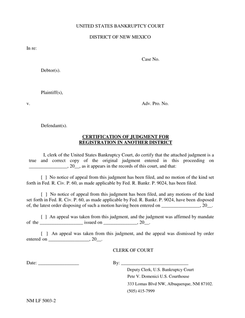 Form NM LF5003-2 Certification of Judgment for Registration in Another District - New Mexico