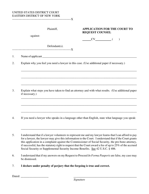 Application for the Court to Request Counsel - New York Download Pdf