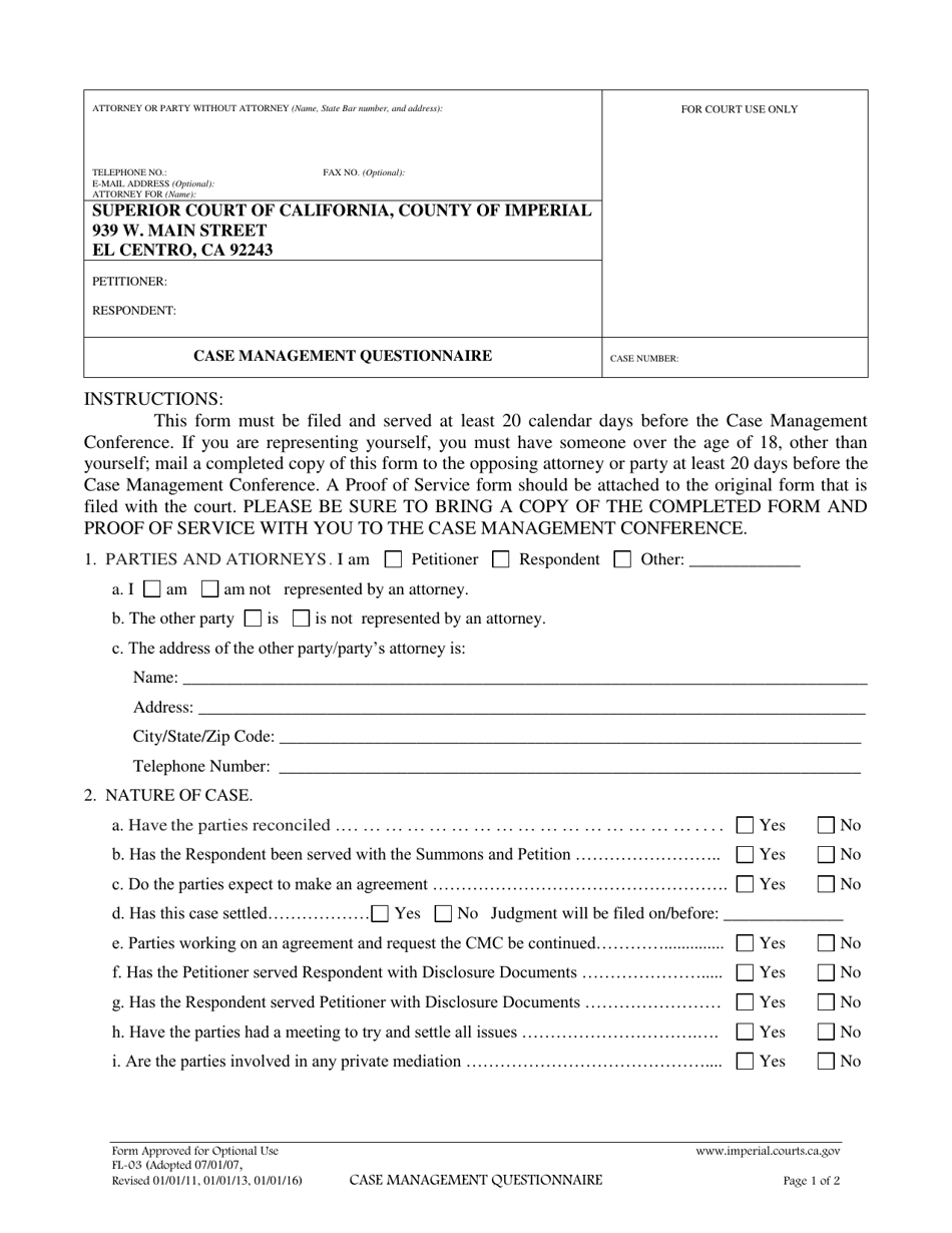 Form FL-03 Case Management Questionnaire - Imperial County, California, Page 1