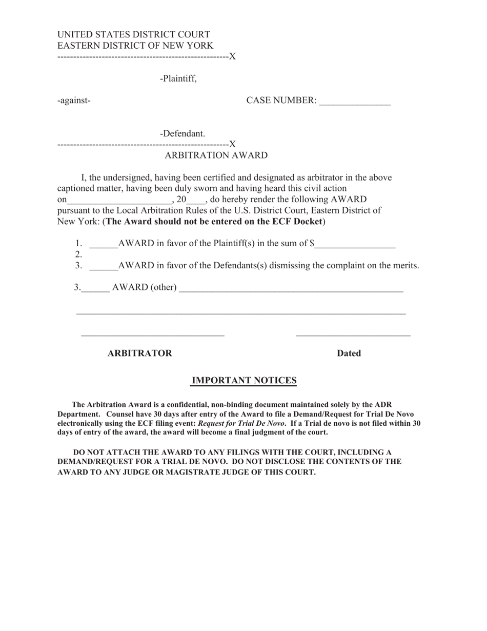 New York Arbitration Award Fill Out, Sign Online and Download PDF