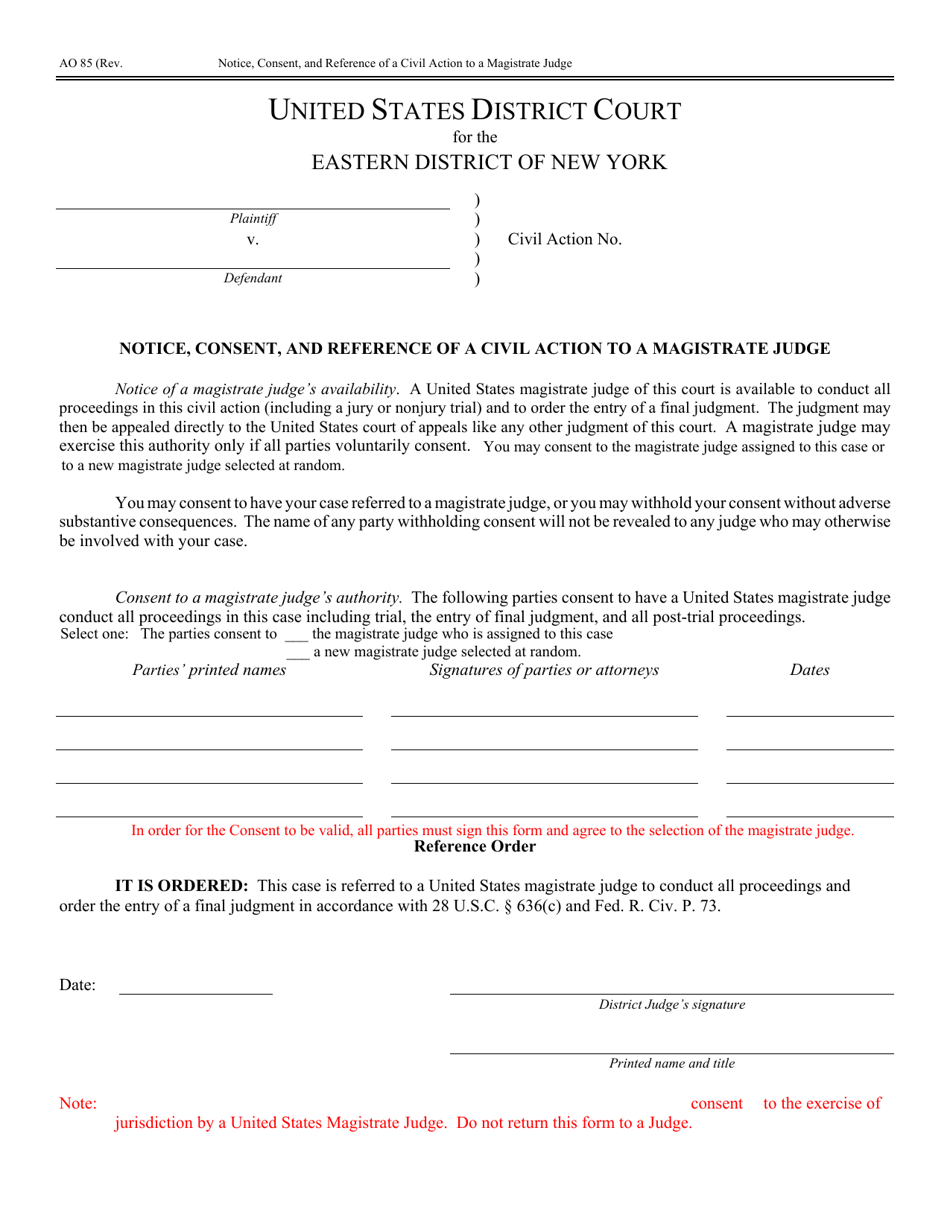 Form AO85 Notice, Consent, and Reference of a Civil Action to a Magistrate Judge - New York, Page 2