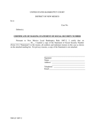 Document preview: Form NM LF1007-2 Certificate of Mailing Statement of Social Security Number - New Mexico