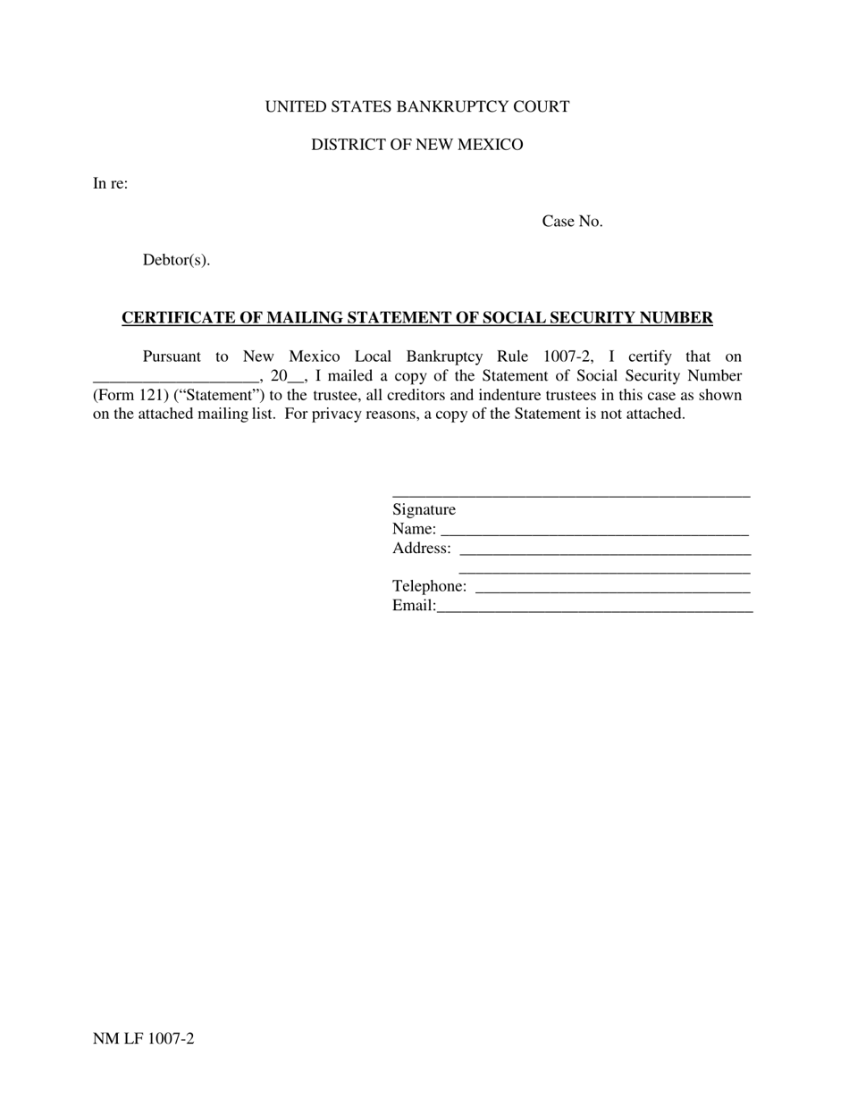 Form NM LF1007-2 Certificate of Mailing Statement of Social Security Number - New Mexico, Page 1