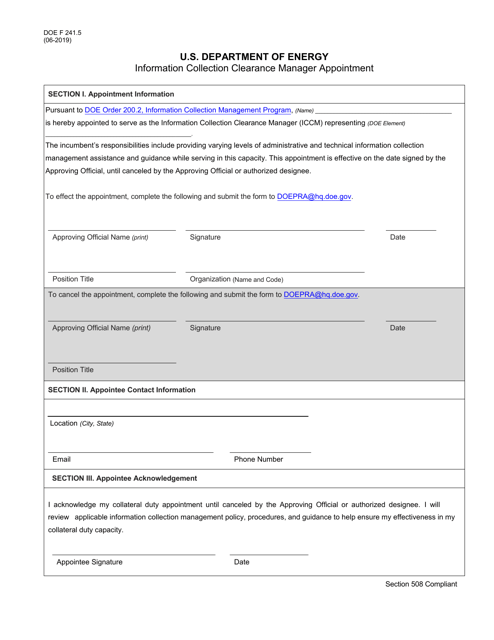 DOE Form 241.5 Information Collection Clearance Manager Appointment
