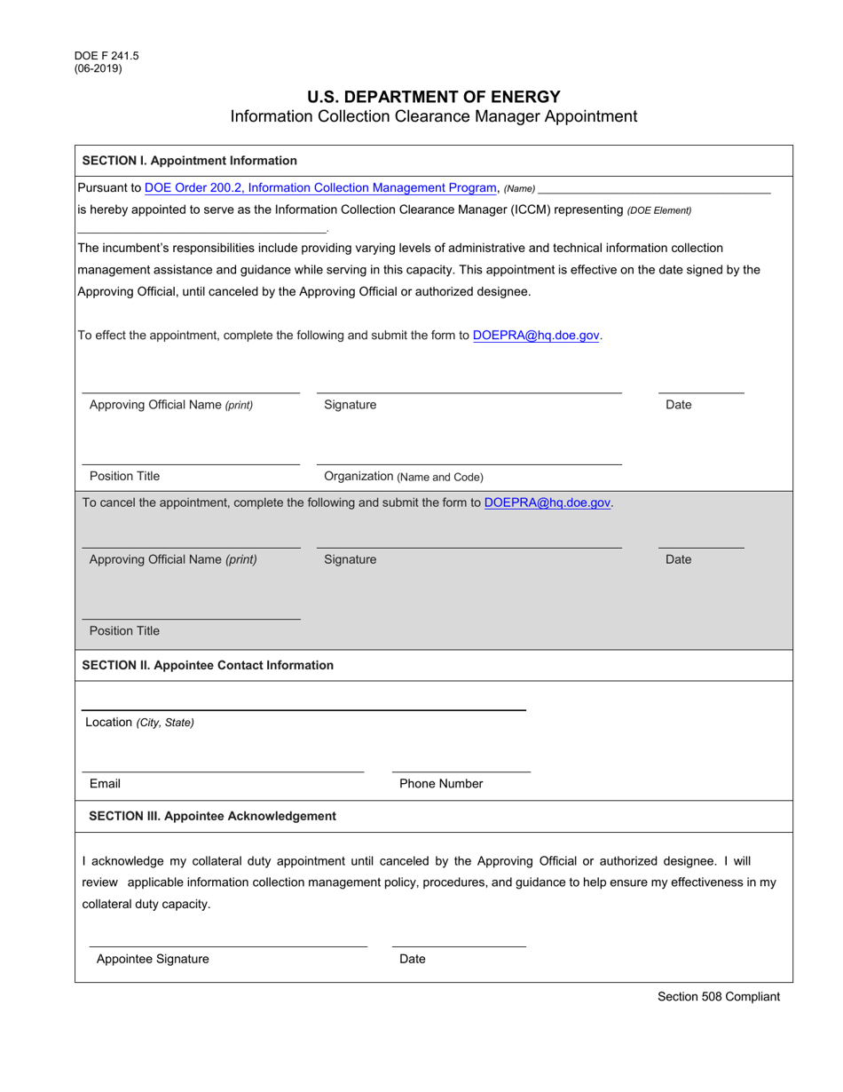 DOE Form 241.5 Information Collection Clearance Manager Appointment, Page 1
