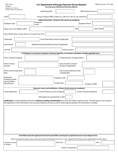 DOE Form 473.3 Clearance Access Request